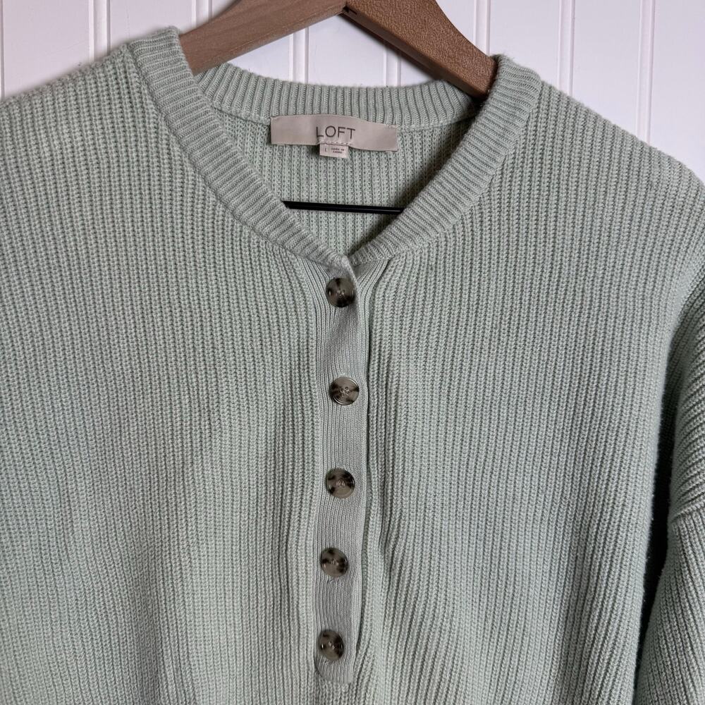 LOFT Henley Knit Pullover1/2 Button Down Light Green Sweater Women’s Size Large - Picture 3 of 8